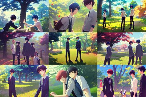 boy's love anime high school spring scene noon | Stable Diffusion | OpenArt