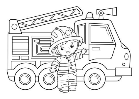 Coloring Page Outline Of Cartoon Fire Truck With Fireman Or Firefighter ...