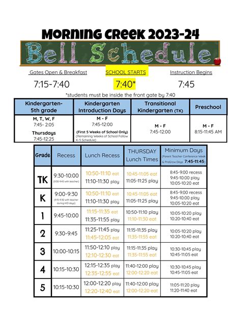 Bell Schedule - Calendars - MORNING CREEK ELEMENTARY SCHOOL