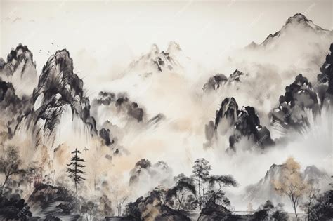 Premium AI Image | A painting of mountains and clouds with a mountain in the background.