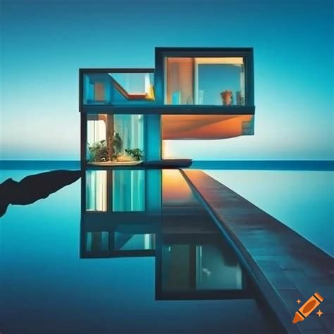 Modern house with glass walls overlooking the sea on Craiyon