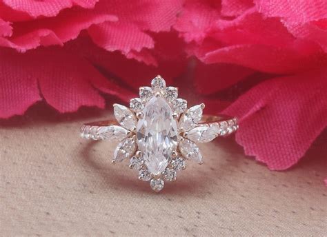 Stunning Marquise Cut Halo Engagement Ring Stunning - Etsy | Starburst diamond ring, Engagement ...