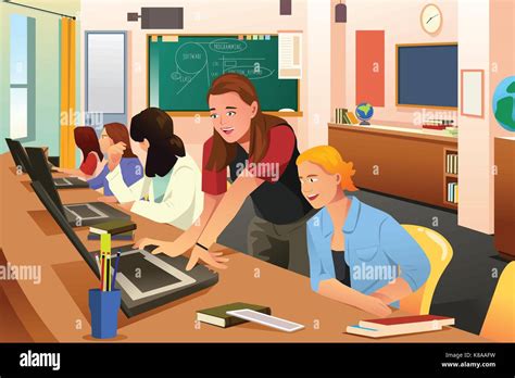 A vector illustration of Female Teacher in Computer Class with Stock Vector Art & Illustration ...