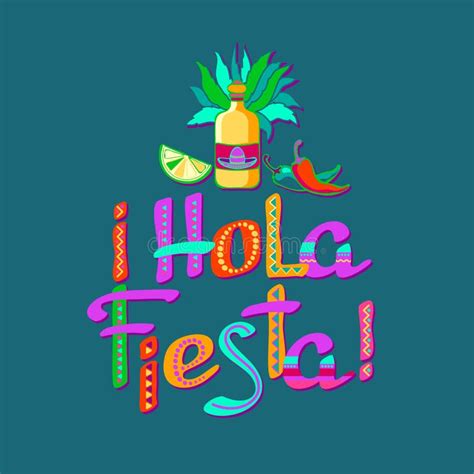 Hola Fiesta, Decorated Logo, Cartoon Letters, and Symbols. Vector Illustration. Stock ...