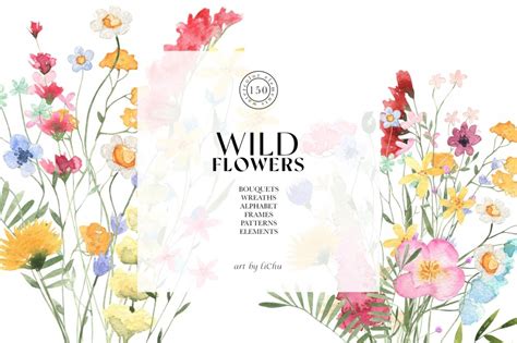 Wildflowers Watercolor Meadow Clipart - Design Cuts