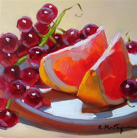 Grapefruit & Grapes by Elena Katsyura | Fruit painting, Food painting, Still life painting