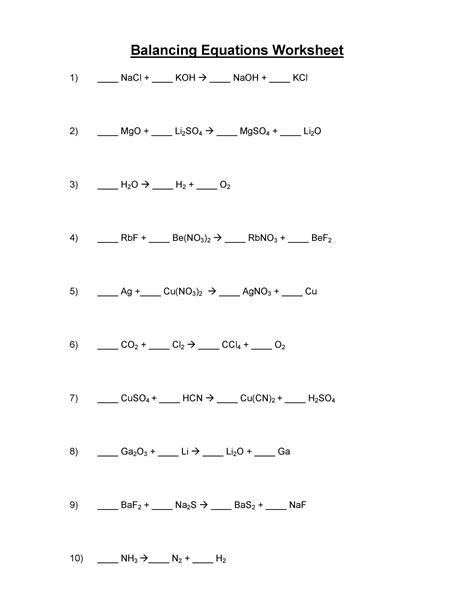 Balancing Reactions Worksheet Answers