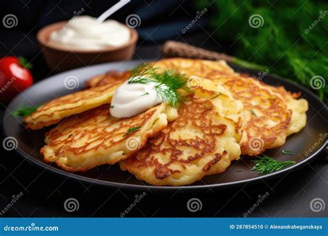 Potato Pancakes Draniki with Herbs and Sour Cream Stock Illustration ...