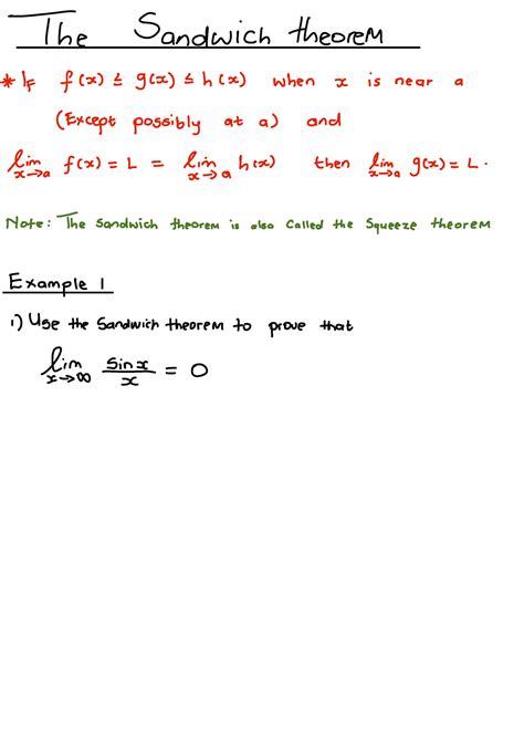 Sandwich theorem and Continuity - The Sandwich theoreM IF f(x) L g(x) S h (x) when x is near a ...