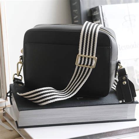 Black Leather Crossbody Bag With Striped Strap By Lisa Angel | notonthehighstreet.com