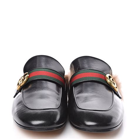 GUCCI Calfskin Fur Mens Princetown Web Double G Slippers Slides 11 Black 506574