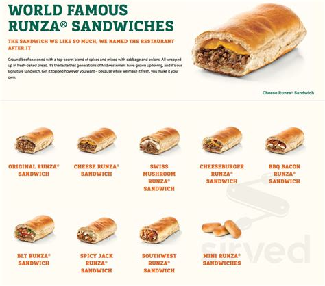 Runza menu in Crete, Nebraska, USA