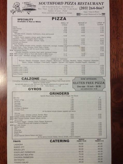 Menu at Southford Pizza pizzeria, Southbury, Southford Rd #8