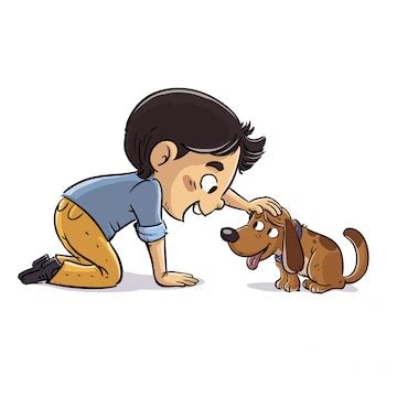 Premium Vector | Boy petting his small dog