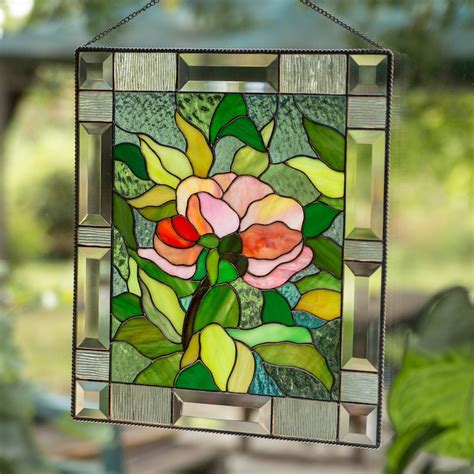 Peony flower stained glass window hanging panel