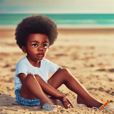 African american toddler boy sitting on the beach on Craiyon