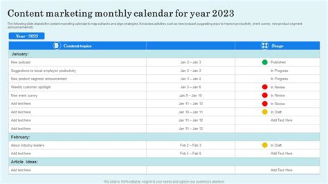 Content Marketing Monthly Calendar For Year 2023 PPT Sample