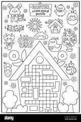 Vector Black And White Easter Country House Shaped Crossword Puzzle For  sketch template