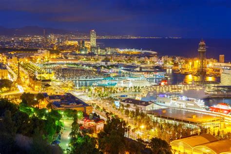 Aerial View Barcelona at Night, Catalonia, Spain Stock Photo - Image of ...