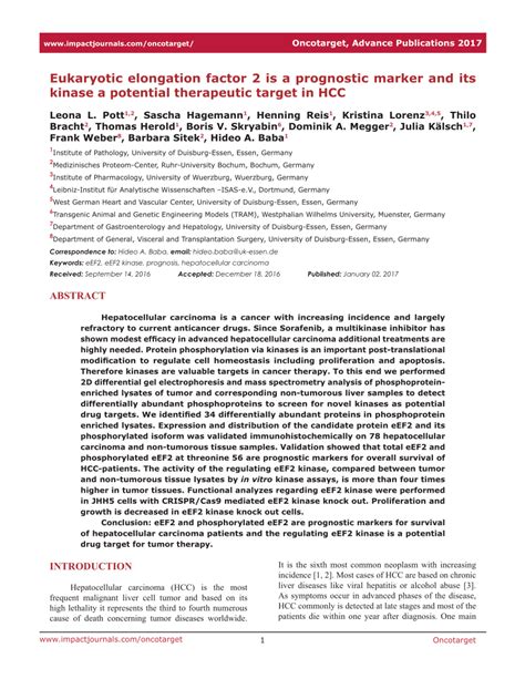 (PDF) Eukaryotic elongation factor 2 is a prognostic marker and its ...