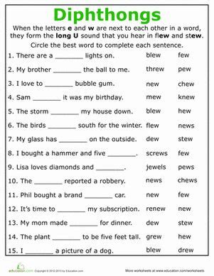 Practice Reading Vowel Diphthongs: ew | Worksheet | Education.com | Phonics worksheets, Phonics ...