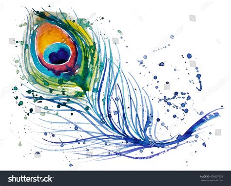 Watercolor Peacock Feather Stock Illustration 400097938