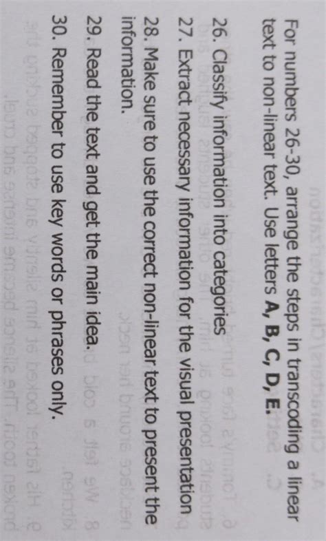 arrange the steps in transcoding linear text to nonlinear text.use letters A,B,C,D,E. pahelpppp ...
