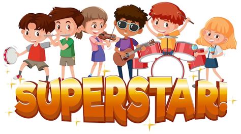 Premium Vector | Word superstar with kids playing instruments