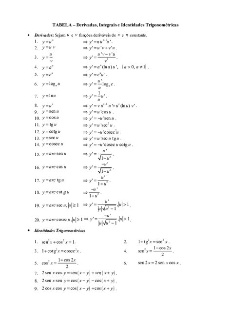 (DOC) TABELA – Derivadas, Integrais e Identidades Trigonométricas | Erick Guelbert - Academia.edu