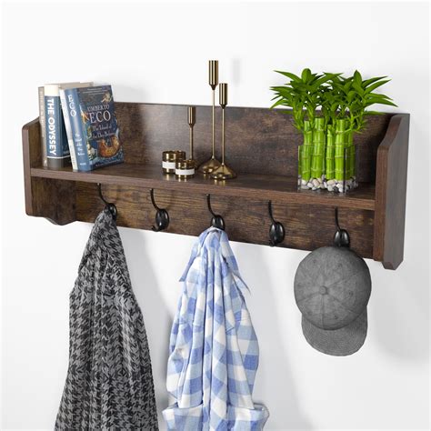 Homfa Wall Mounted Coat Rack, Coat Rack with Shelf and 5 Metal Hooks for Living Room Entryway ...