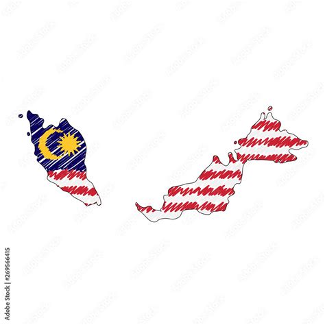 Malaysia map hand drawn sketch. Vector concept illustration flag, childrens drawing, scribble ...