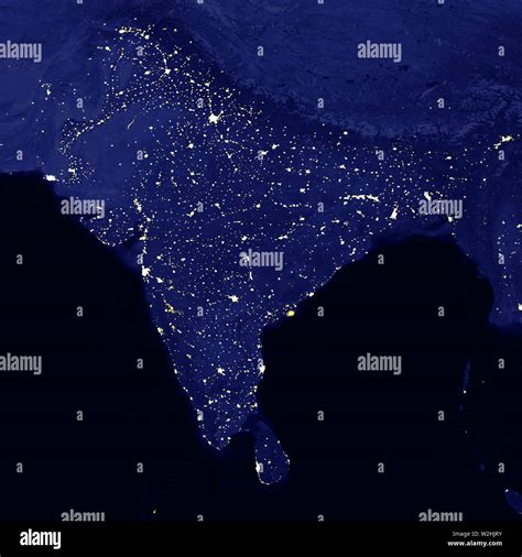 India and Sri Lanca electric lights map at night. City lights. Map of ...