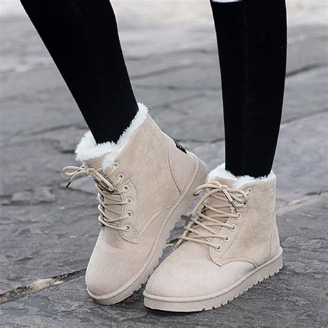 Hot cotton non slip women snow boots fashion red warm winter shoes female lace up Flat fur ankle ...