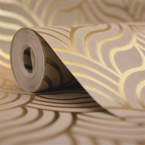 MURIVA Art Deco Foil Gold And Beige Geometric Wallpaper 601534 ...