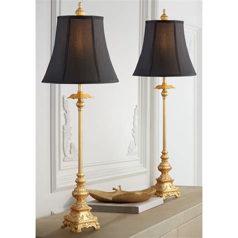 Regency Hill Traditional Buffet Table Lamps Tall Set Of Gold Intricate Details Black Fabric Bell ...