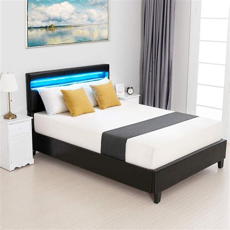 Mecor Modern Upholstered Faux Leather Platform Bed with LED Light Headboard, with 2.8-Inch Solid ...