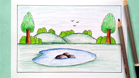 How to Draw Easy Scenery Beautifull Nature | Pond in the Woods - YouTube