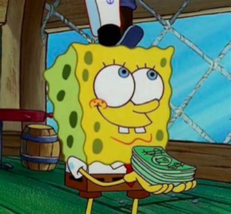 spongebob holding stacks of money in front of a window