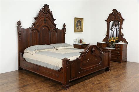 SOLD - Victorian Antique Walnut Bedroom Set, King Size Bed, 2 Chests Marble Tops #35359 - Harp ...