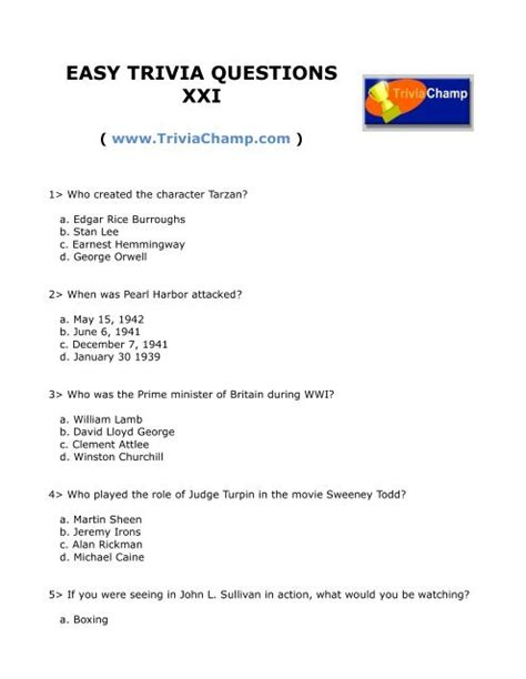 EASY TRIVIA QUESTIONS XXI - Trivia Champ