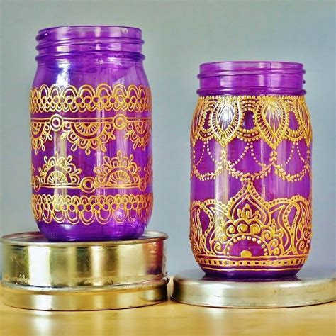 Eclectic Home Decor Boho Henna Vase, Painted Mason Jar Vase With Gold Henna Design, Bohemian ...