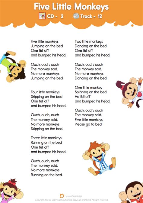 Classroom Classics "Five Little Monkeys" Lyric Sheet - ELF Learning