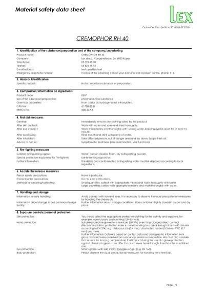 Material safety data sheet CREMOPHOR RH 40 - Lex doo