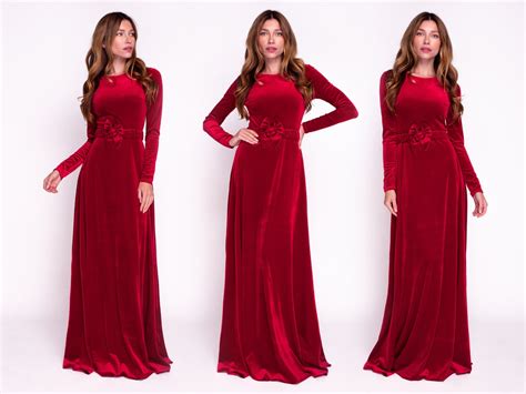 Red Burgundy Velvet Long Dress With Belt, Christmas Velvet Dress, Evening Dress, Velvet ...