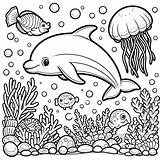 Dolphin And Jellyfish In Underwater Scene Kids Coloring Book Page  sketch template