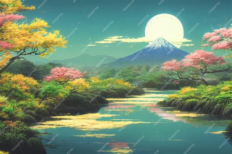 Papel de parede de cenário de anime do japão com lindas cerejeiras rosa e o monte fuji ao fundo ...