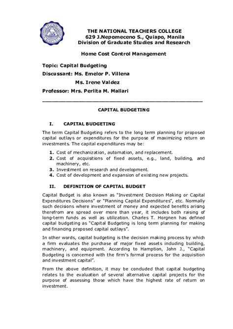 (DOC) THE NATIONAL TEACHERS COLLEGE CAPITAL BUDGETING