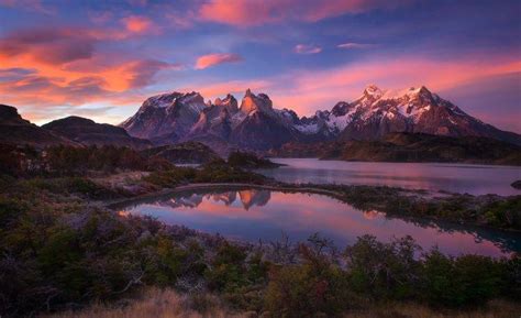 nature, Landscape, Mountain, Lake, Sunrise, Shrubs, Snowy Peak, Clouds, Torres Del Paine, Chile ...