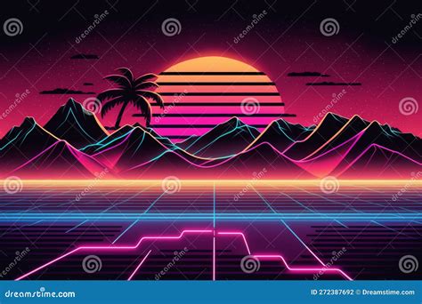 Mountains, Palm Tree and Sunset As Retro 80s Synthwave Design ...