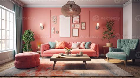 Cozy farmhouse living room interior, 3d render, Bright color ...